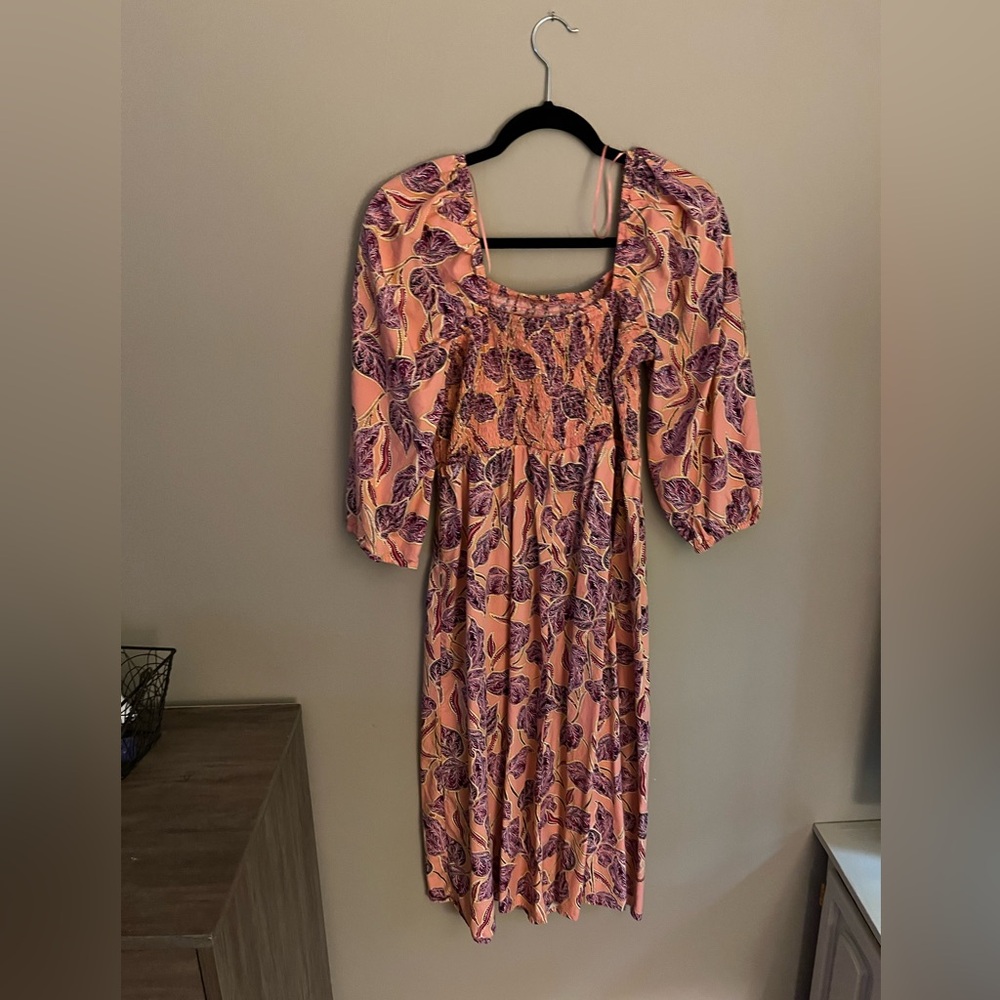 3/4 Sleeve Smocked Floral Midi Dress